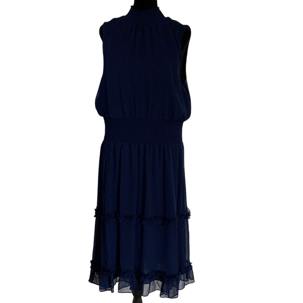 1.State Womens Smocked Chiffon Dress Size‎ XL Navy High Neck Sleeveless